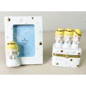Hallmark Praying Angel Ceramic Set (4x6 Photo Frame, Trinket Box) Nursery EUC